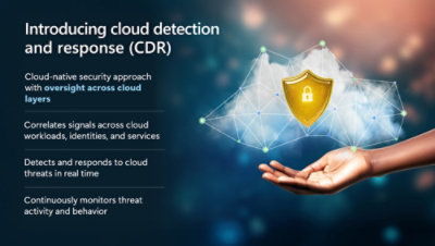 A hand holding a yellow shield with a cloud design, accompanied by text about cloud detection and response.