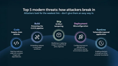 Infographic showing five modern security threats across the software supply chain: code, build, ship, deployment, and runtime.