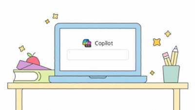 Cartoon laptop showing ‘M365 Copilot’ on a desk with books, an apple, pencil cup, and stars in a cheerful study scene.