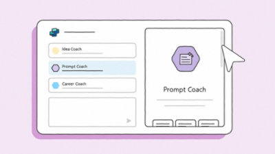 App interface with three options: Idea, Prompt (selected, blue, note icon), and Career Coach, in a clean, simple layout.