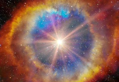 A bright light in the sky against a colorful, starry backdrop.