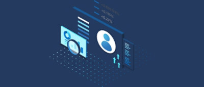 青と白のグラフィックに人物と数字が表示されたコンピューター画面。