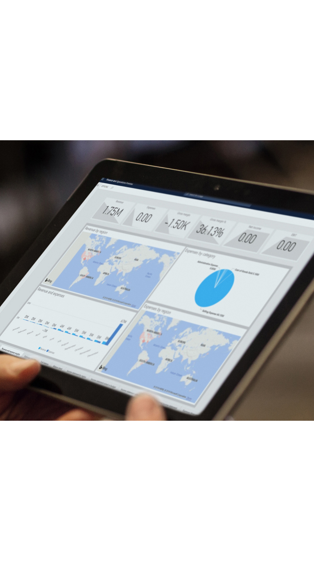 Osoba trzymająca tablet, na którym są wyświetlane wykresy analityczne, w tym mapy i grafy, odzwierciedlające globalne metryki danych.
