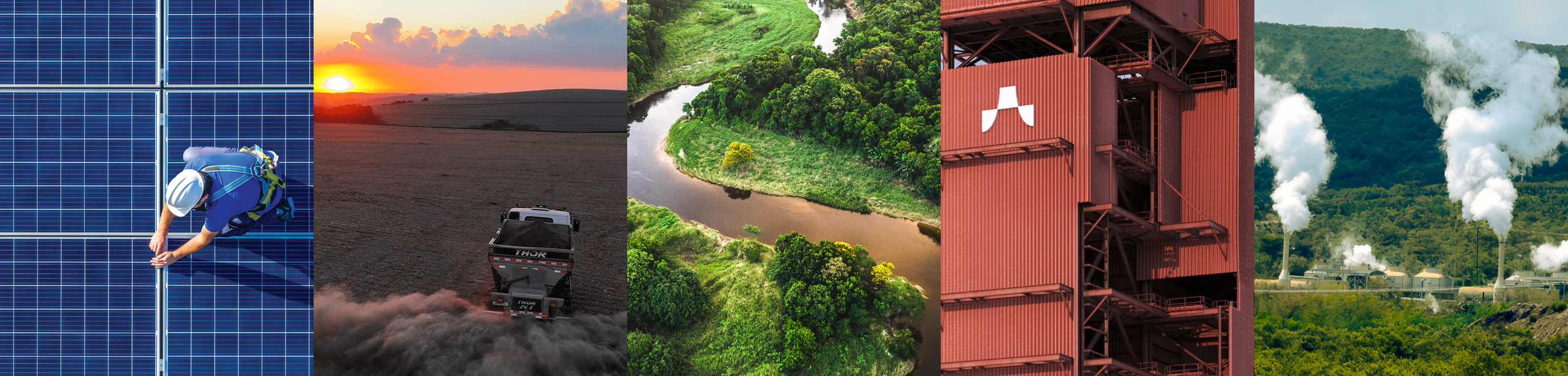 A composite of 5 vertical images including a worker inspecting solar panels, a vehicle driving on a dusty field, a river in the Amazon, an industrial structure in Sweden, and a geothermal plant in Kenya. 