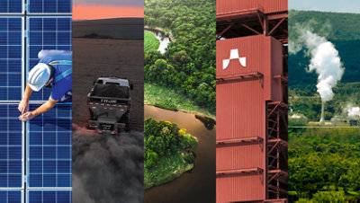 A composite of 5 vertical images including a worker inspecting solar panels, a vehicle driving on a dusty field, a river in the Amazon, an industrial structure in Sweden, and a geothermal plant in Kenya. 