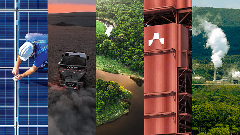 A composite of 5 vertical images including a worker inspecting solar panels, a vehicle driving on a dusty field, a river in the Amazon, an industrial structure in Sweden, and a geothermal plant in Kenya. 