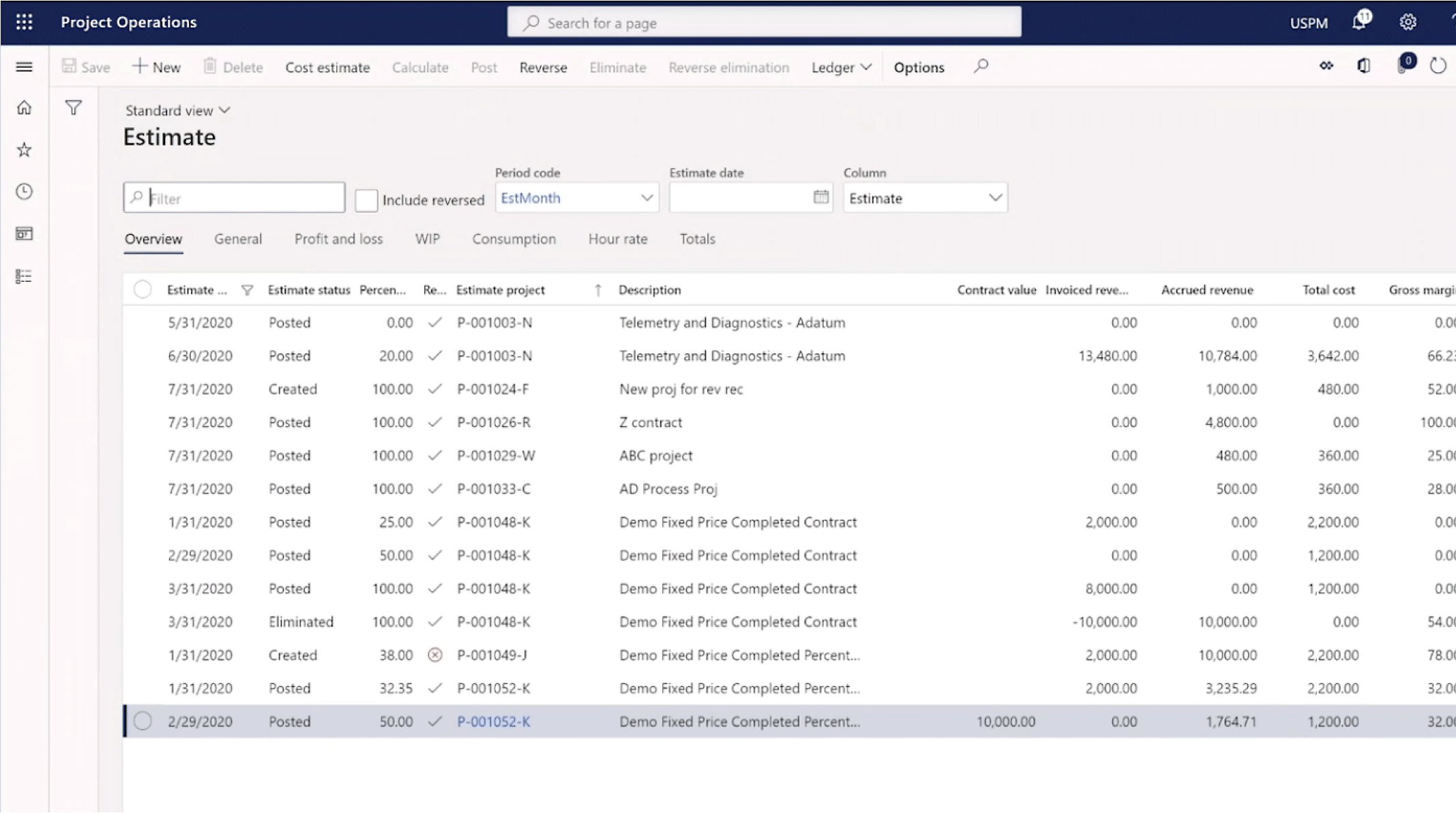 Et skjermbilde som viser et Microsoft Excel-regneark med flere kolonner og rader som inneholder prosjektestimatdata.