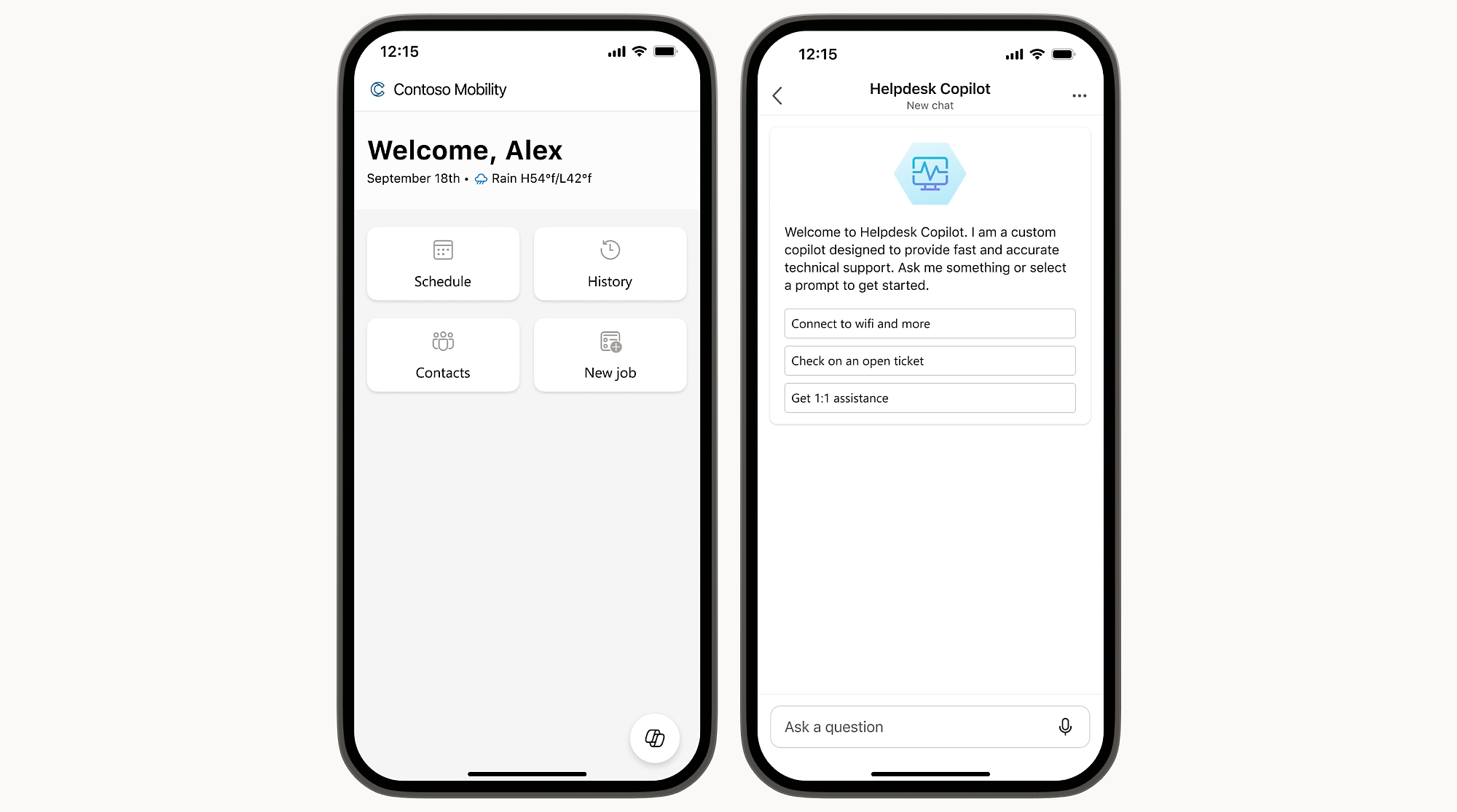 엔터프라이즈 앱을 표시하는 두 개의 스마트폰 왼쪽에는 환영 메시지 및 일정 옵션이 표시됩니다.