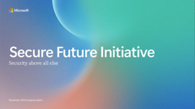 Microsoft Secure Future Initiative banner with gradient background and text highlighting the November 2025 progress report