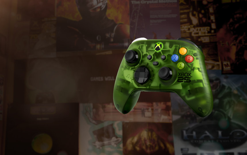 Ángulos frontal izquierdo y posterior derecho del Mando inalámbrico XBOX X25 de edición especial 