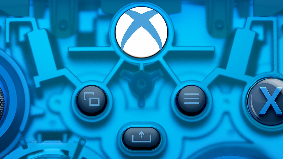 Gros plan sur les boutons d’affichage, de menu, de partage et Xbox de la manette sans fil Xbox - Édition spéciale Sky Cipher.