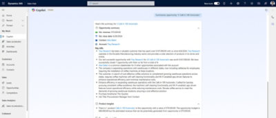 A screenshot of a opportunity summary in copilot