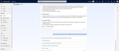 Screenshot of a copilot chat asking Show my top 3 opportunities with a probability of closing above 80% and rating is hot