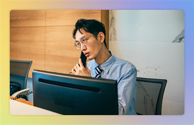 携帯電話で通話中の眼鏡をかけた男性