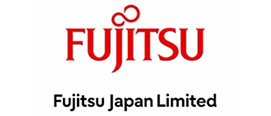 白い背景に赤と黒の文字が入った Fujitsu のロゴ。