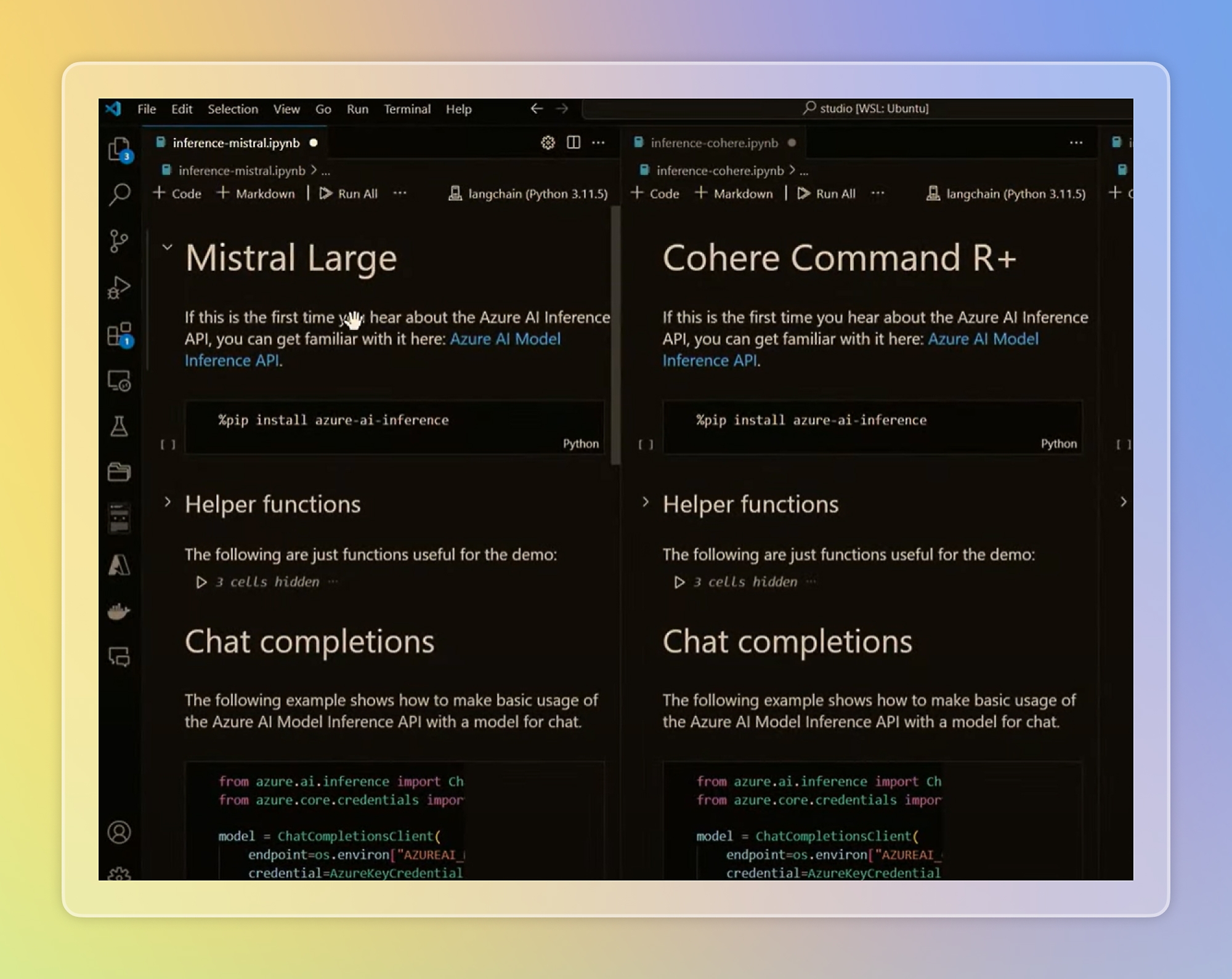 A screenshot of a computer displaying text about Mistral Large, Cohere Command R+, Llama3 70B, Helper functions, and Chat completions.
