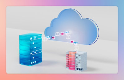 Illustration of data cloud storage: a blue cloud icon connected to servers