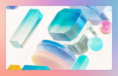 Abstract geometric shapes in blue and pink hues against a gradient background.