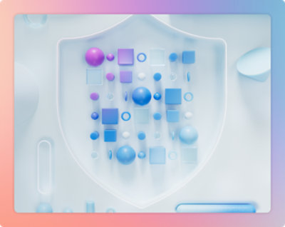 A white shield with blue and purple objects.