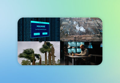 Коллаж: мужчина работает на компьютере, на экране — предупреждение "MALWARE" синим цветом.