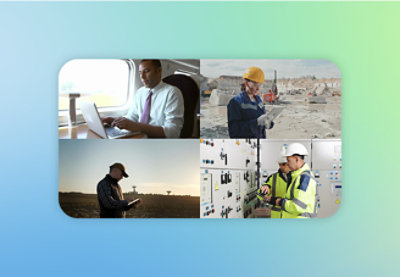 Коллаж, на котором изображены работники, в том числе мужчины в светоотражающих жилетах и мужчина в костюме, работающий на ноутбуке.