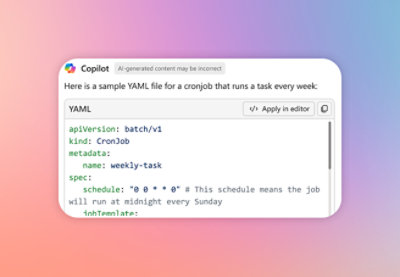 A dialog box for copilot showing sample YAML file for cronjob