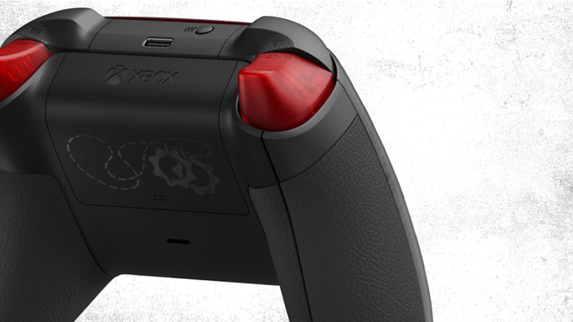 Detaildarstellung der Rückseite vom XBOX Wireless Controller – Gears of War: E-Day Limited Edition. 