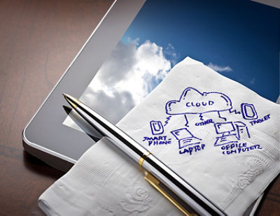 A napkin with a cloud drawing and a pen, listing different devices labeled CLOUD, PHONE, TABLET, LAPTOP, OFFICE, and COMPUTER.