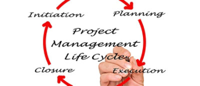 Project management life cycle on a whiteboard