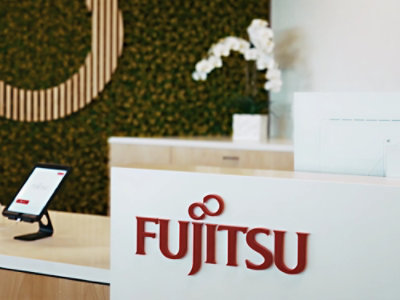 A red logo with the text FUJITSU on a white surface.