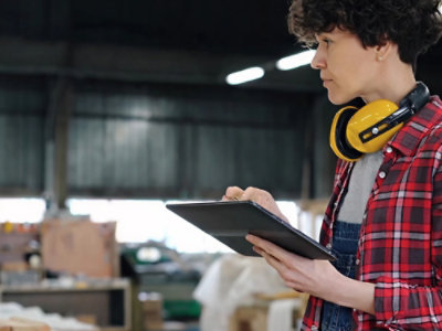 Person in checkered shirt holding a tablet and wearing yellow ear protection around the neck