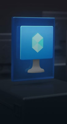 A blue sign with a blue square and a white square design.