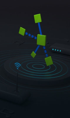 A close-up of a computer screen displaying green and blue cubes.