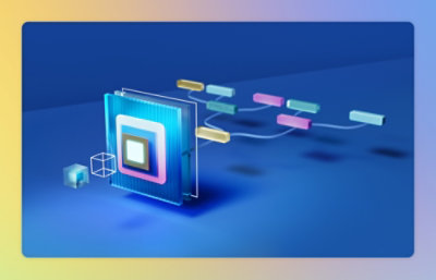 A computer chip with a blue background.