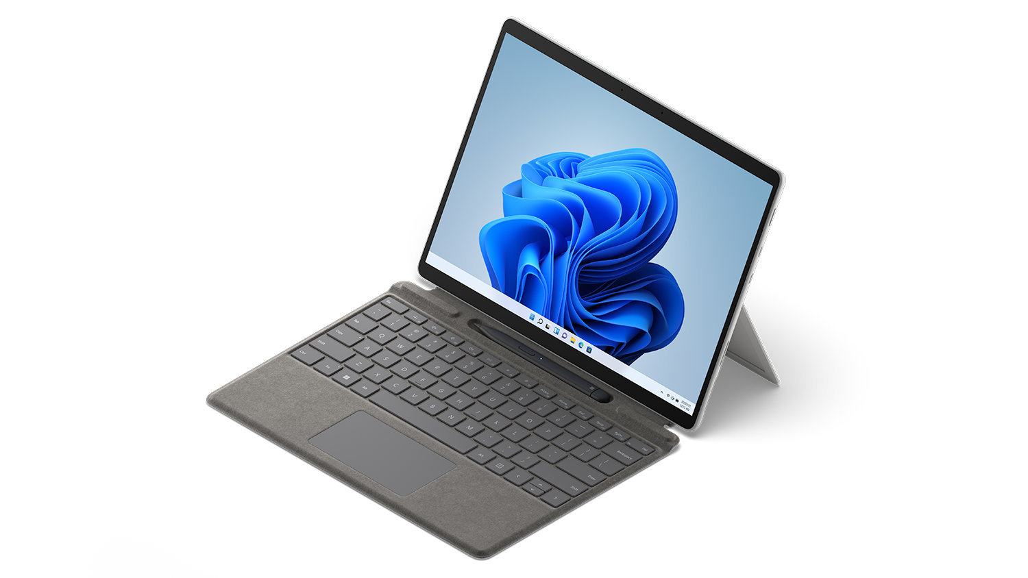 Angled view of Surface Pro 8 propped on kickstand with keyboard.