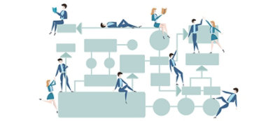 A group of people sitting on a flowchart