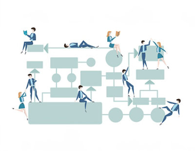 رسم توضيحي لأشخاص يرتدون ملابس العمل ويتفاعلون مع أشكال مختلفة وعناصر مخطط انسيابي، ما يشير إلى بيئة عمل غير رسمية.