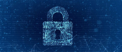 A digital padlock made of binary code represents cybersecurity on a blue background filled with binary numbers.