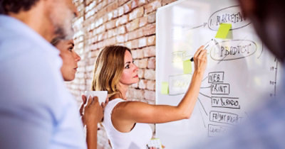 Žena piše na beloj tabli prekrivenoj lepljivim beleškama i dijagramima, a troje kolega pažljivo gledaju. 