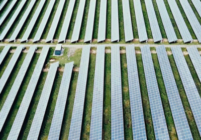 Aerial view of solar panel farm.