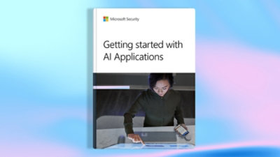A book cover featuring text that reads Microsoft Security Getting started with AI Applications alongside an illustration of a woman using a laptop.