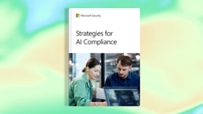 A book cover featuring text that reads Microsoft Security Strategies for AI Compliance alongside an illustration of a man and woman looking at a laptop.