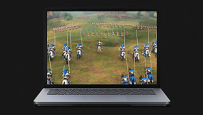 Imagen frontal de Surface Laptop Studio en modo portátil con juego para PC.