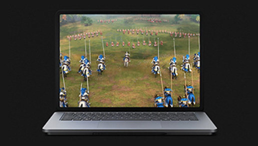 Imagen frontal de Surface Laptop Studio en modo portátil con juego para PC.