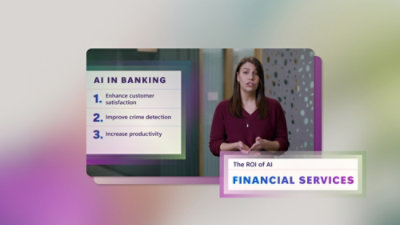 一位女士站在显示银行业 AI 相关文本的屏幕前。