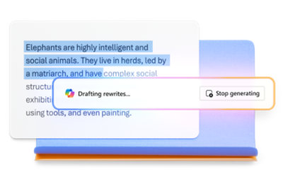 Une capture d’écran montrant copilot en train de rédiger les réécritures sur les traits d’un éléphant.