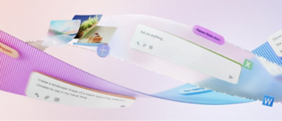 Une interface numérique avec des photos floues, des onglets colorés et un champ de saisie affichant « Posez-moi question ».