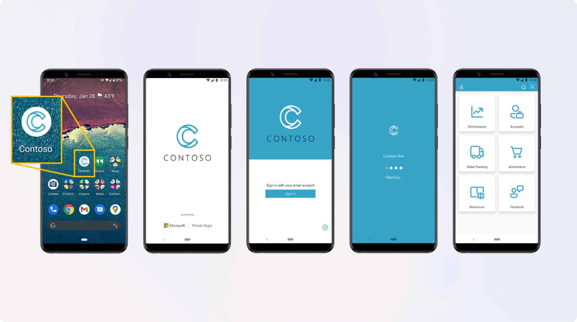 "contoso" アプリのさまざまな画面、ログイン ページ、ホーム画面を表示する 5 台のスマートフォン