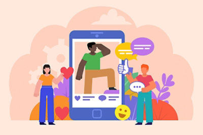 Ilustracija dveju osoba kako komuniciraju sa ogromnim pametnim telefonom koji prikazuje profil na društvenim mrežama