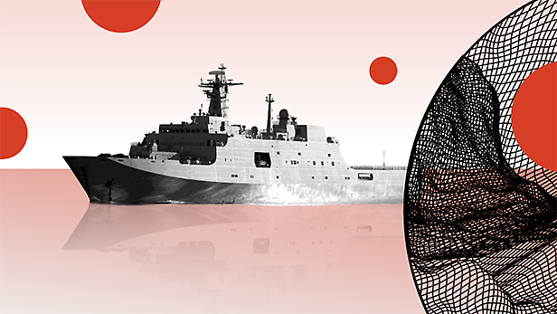 Abstract illustration of a naval ship with graphic red circles and black mesh elements against a pink background.